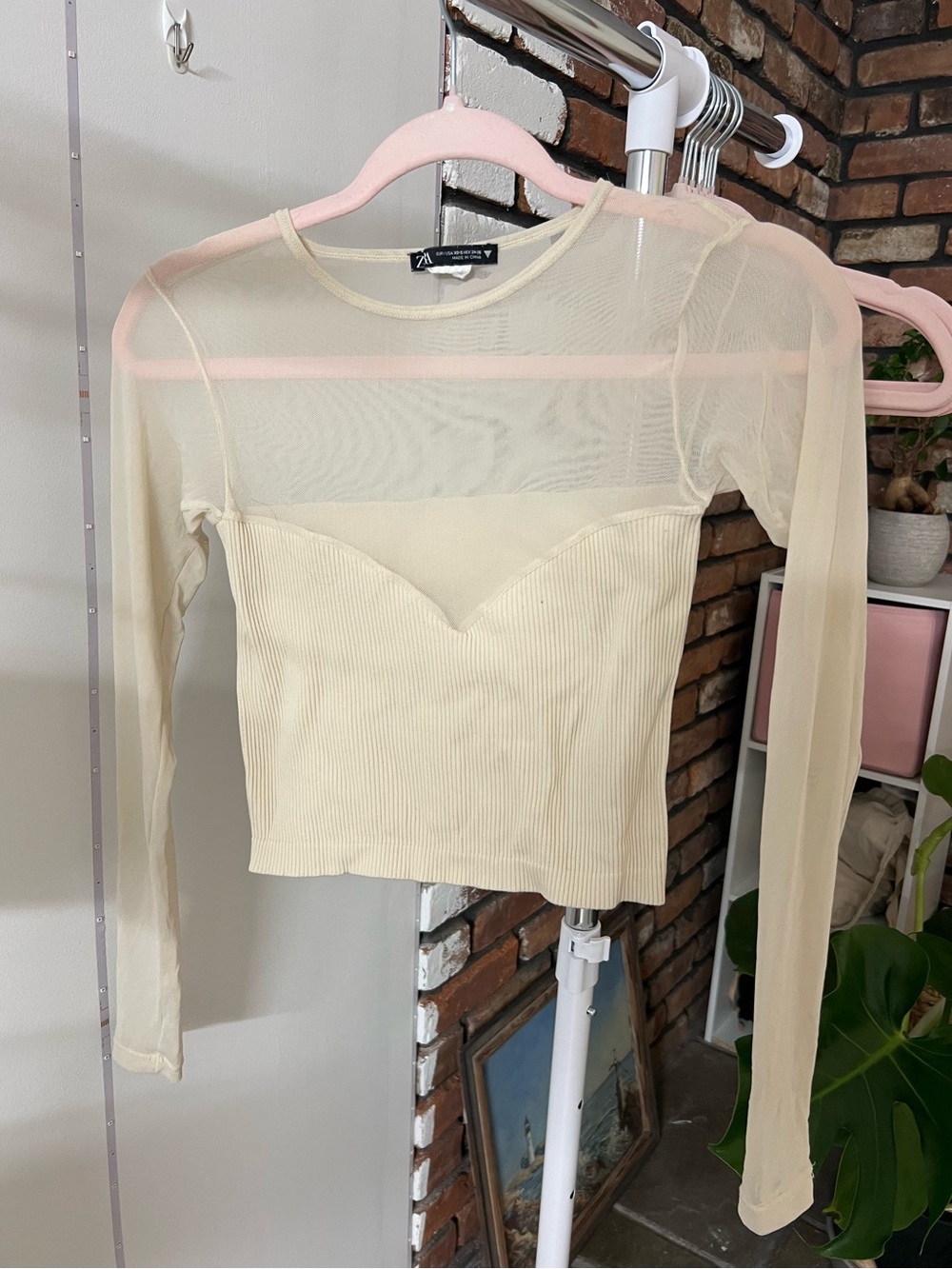 Zara Cream Sheer Long-Sleeve Bustier-Style Top